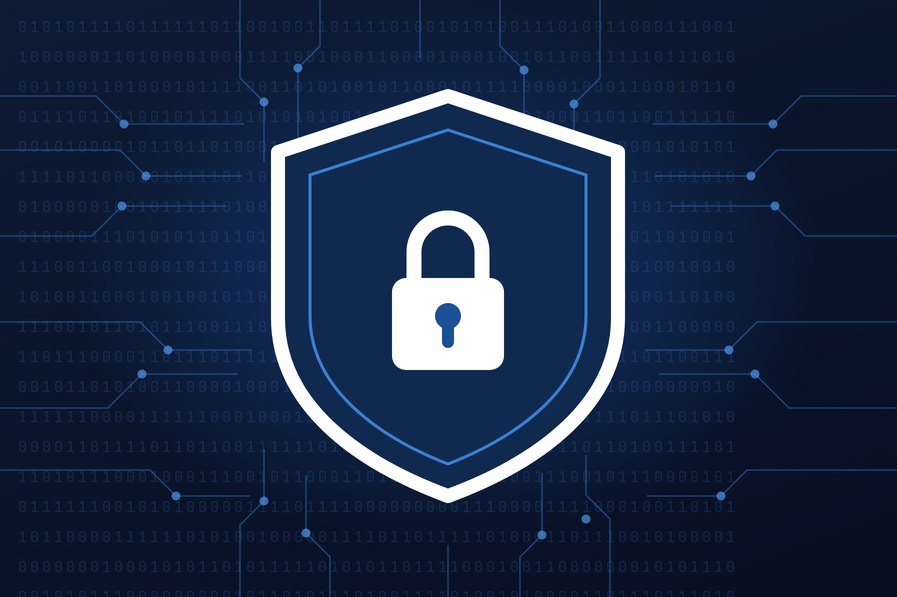 Shield and padlock over a circuit board and streams of binary data